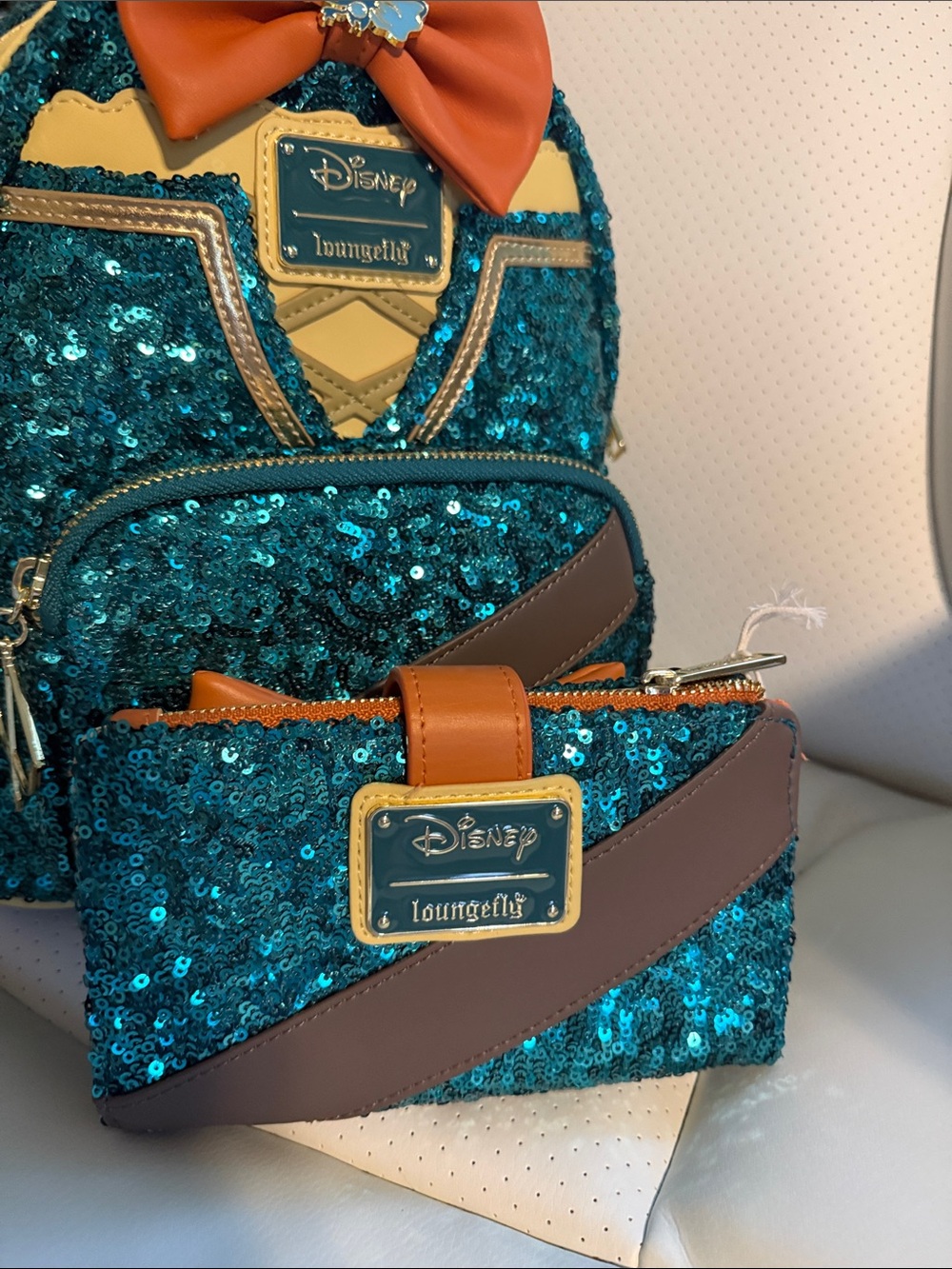 Loungefly Merida of Brave. Teal Sequin Backpack and Wallet Set with Orange Bows - Picture 2 of 4